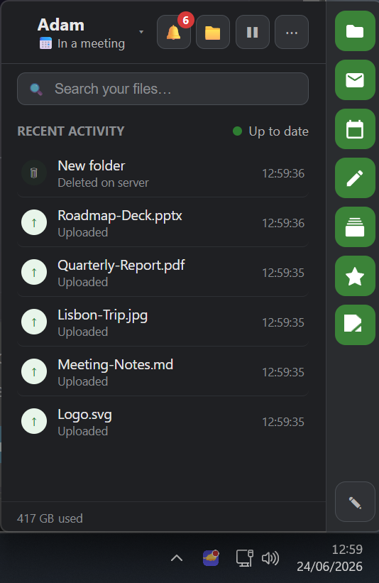 The Nimbo tray flyout on Windows — a search bar, recent sync activity, storage used, and a rail of Nextcloud apps down the side.