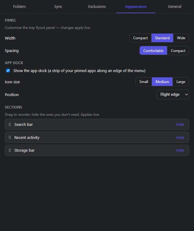 Nimbo's Appearance settings — panel width and spacing, app-dock icon size and edge position, and a drag-to-reorder list of the flyout's sections.