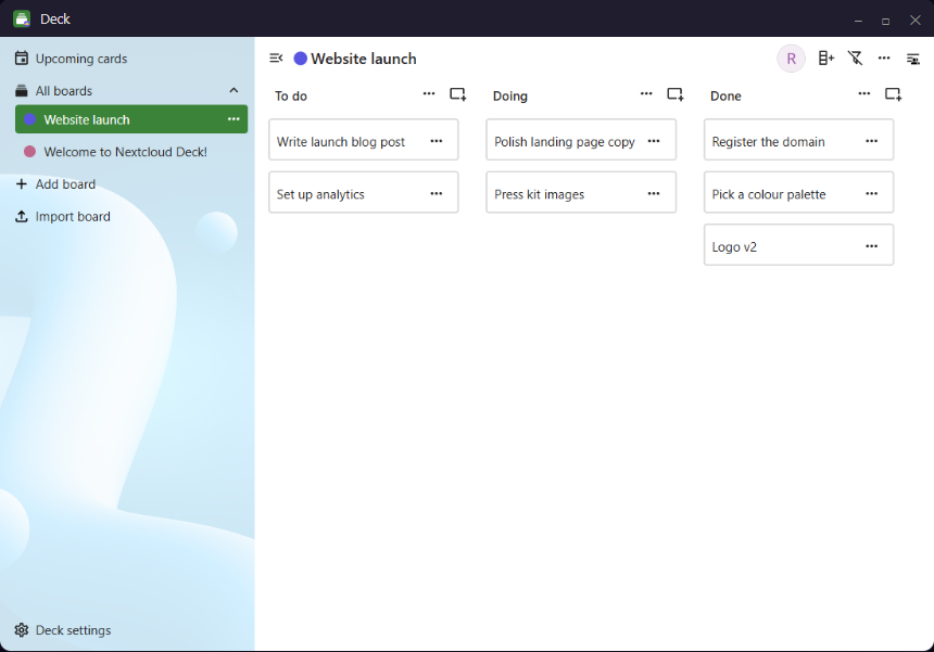 The Nextcloud Deck app open in its own Nimbo desktop window — its own title bar and badged app icon, no browser and no Nextcloud web chrome.