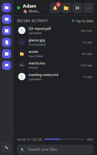 A customized Nimbo flyout — app dock moved to the left with small icons, compact spacing, and the search bar reordered to the bottom.